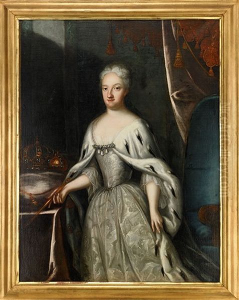 Portratt Av Drottning Ulrika Eleonora D.y. (1688-1741) Ikladd Silverfargad Klanning Och Hermelinbramad Mantel, I Palatsinterior Med Riksregalierna - Staende Knastycke Oil Painting by Georg Engelhardt Schroeder