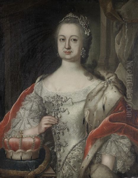 Portrait Of Karl Theodor Von Der Pfalz, Half-length, In An Ermine Mantel Wearing The Chain And Star Of The Order Of Saint Hubertus (+ Portrait Of His Wife, Elisabeth Augusta Of Sulzbach, Half-length, In A White Silk Dress And A Red Velvet Wrap; Pair) Oil Painting by Georg Engelhardt Schroeder