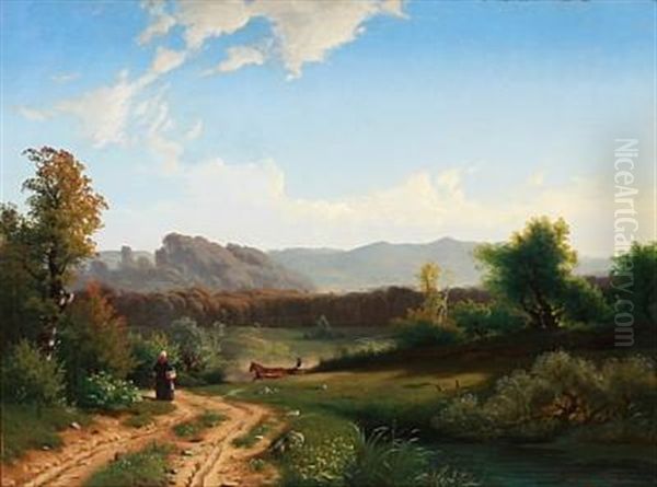 Summer Day With A Woman Watching A Farmer At Work Oil Painting by Jorgen Christian Schroder