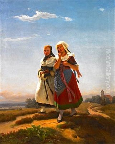 Two Young Girls On Their Way Back From Church Oil Painting by Julius Carl Hermann Schroder