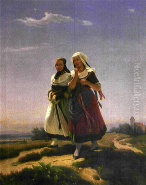 Fillettes Dans La Campagne Oil Painting by Julius Carl Hermann Schroder