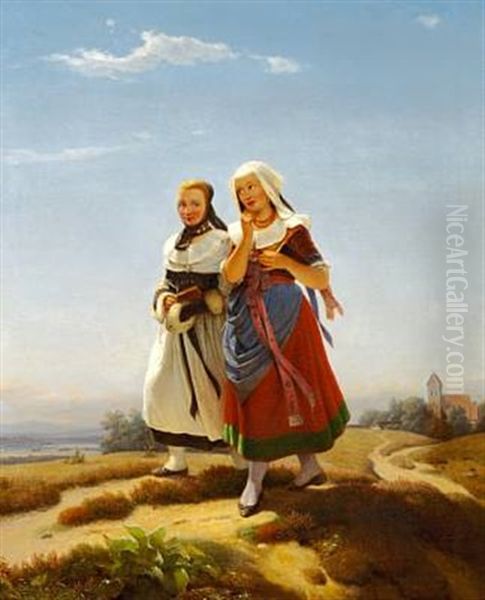 Die Kirchengangerinnen Oil Painting by Julius Carl Hermann Schroder