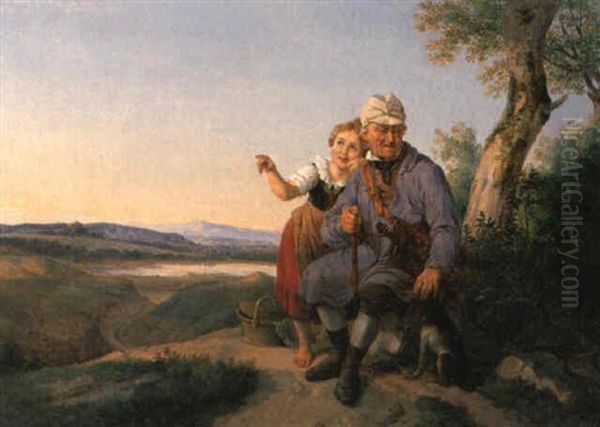 Elbelandschaft Mit Musikanten Und Kleinem Madchen Oil Painting by Julius Carl Hermann Schroder