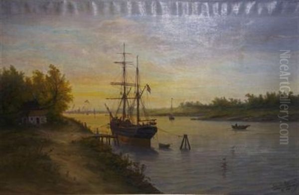 Voilier A Quai - Retour Des Pecheurs Oil Painting by Max Schroeder-Greifswald the Younger