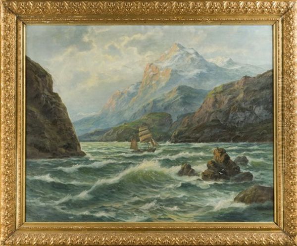 Ansicht Eines Fjordes Mit Bewegter See Und Gegen Die Wellen Ankampfendem Segler Oil Painting by Max Schroeder-Greifswald the Younger