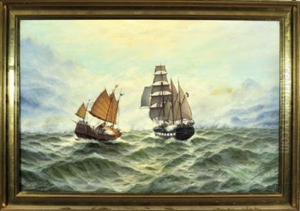 Gefecht Auf Tosender See - Chinesische Seerauber Greifen Einen Franzosischen Mehrmaster An Oil Painting by Max Schroeder-Greifswald the Younger