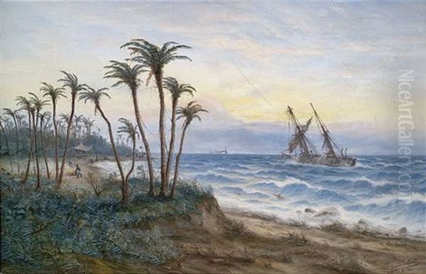 Afrikanische Kustenlandschaft Mit Zweimastsegler Oil Painting by Max Schroeder-Greifswald the Younger