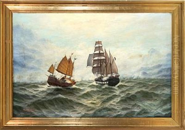 Marine With A Junk And A Ship Of The Line In A Battle Oil Painting by Max Schroeder-Greifswald the Younger