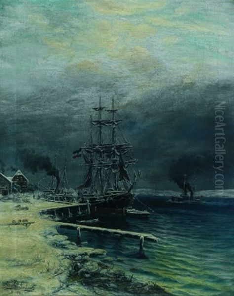 Bark Unter Schleswig-holsteinischer Flagge Im Verschneiten Hafen Oil Painting by Max Schroeder-Greifswald the Younger