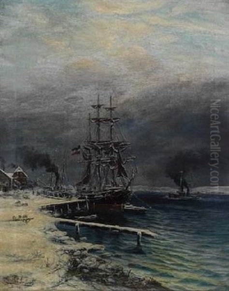 Bark Unter Schleswig-holsteinischer Flagge Im Verschneiten Hafen Oil Painting by Max Schroeder-Greifswald the Younger