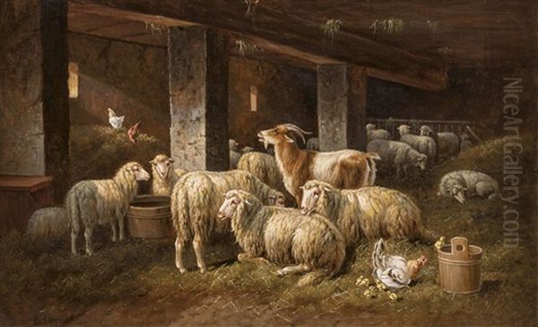 Ziegenbock Und Schafe Im Stall Oil Painting by Anton Schroedl