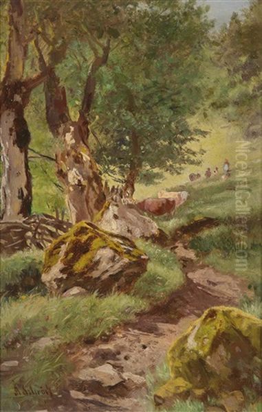 Landschaft Mit Tiergruppe Oil Painting by Anton Schroedl