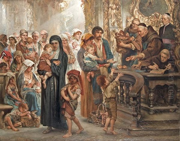 Sharing Bread In The Church Oil Painting by Norbert Schroedl