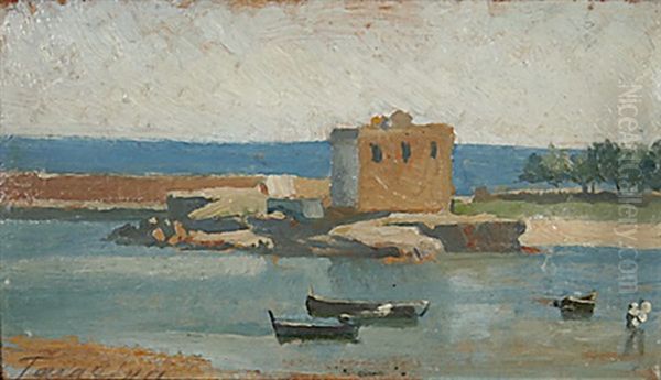 Boote Im Hafen Von Terracina - Kircheninterieur - Strasenszene Mit Paar Und Kind - Zwei Frauen Bei Der Arbeit (4 Studies) Oil Painting by Norbert Schroedl