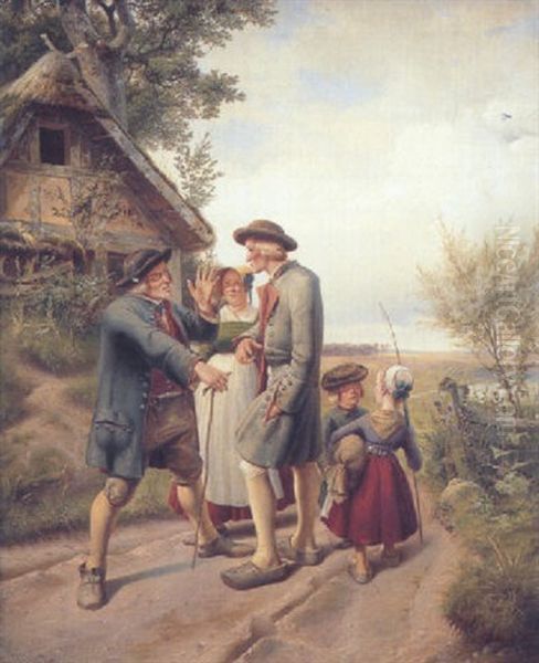 Figures Before A Cottage In A Wooded River Landscape Oil Painting by Adolf Schroedter