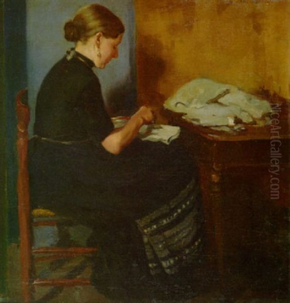 Frau Am Nahtisch (greta Schroeder?) Oil Painting by Paul K. Alfred Schroeter