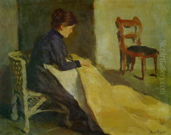 Frau Mit Nahzeug Im Korbsessel by Paul K. Alfred Schroeter