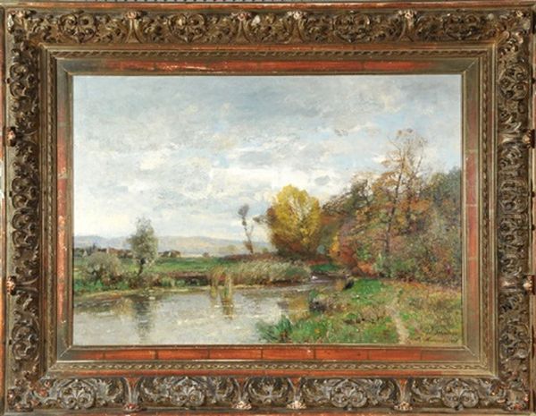 Regnerischer Tag Auf Dem Land Mit Teich Am Dorfrand Oil Painting by Wilhelm Schroeter