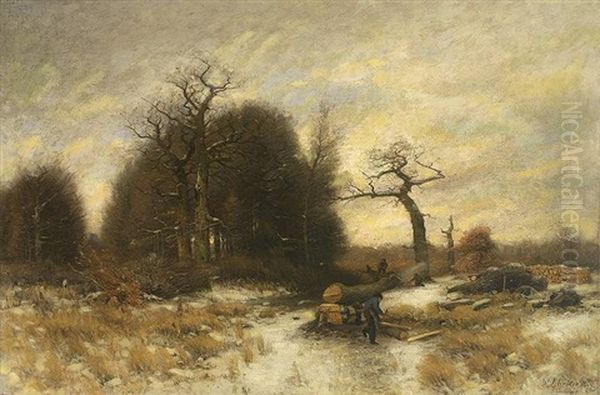 Waldarbeiter In Winterlandschaft Oil Painting by Wilhelm Schroeter