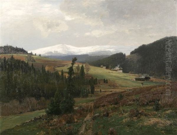 Schwarzwaldlandschaft Mit Hausern, Im Hintergrund Der Verschneite Feldberg Oil Painting by Wilhelm Schroeter