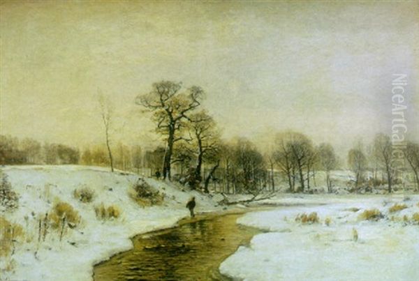 An Extensive Winter Landscape With A Figure Walking A Long A Stream Oil Painting by Wilhelm Schroeter