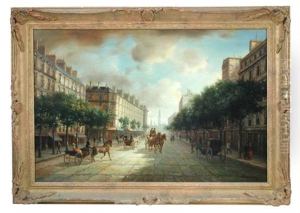 Carriages In A Busy Street Oil Painting by Bernhard Schroeter