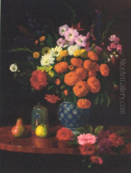 Marigolds And Dahlias With Other Summer Flowers On A Table Oil Painting by Eugen Schroth