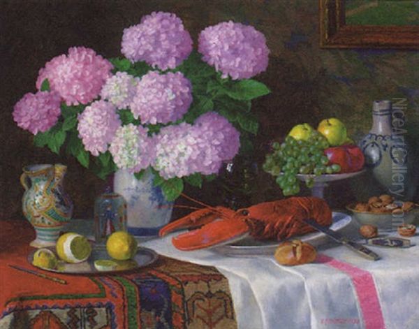 A Lobster, Bowls Of Fruit And Walnuts And A Vase Of Lilac On A Table Oil Painting by Eugen Schroth