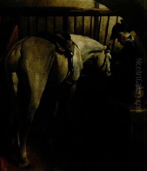 Schimmel Und Reiter Im Stall Oil Painting by Alfred von Schroetter