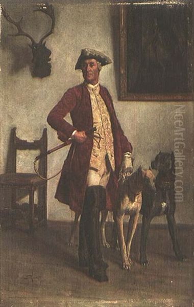 Stehender Jager Mit Zwei Hunden Oil Painting by Alfred von Schroetter