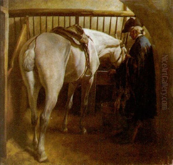 Pferd Und Reiter Im Stall Oil Painting by Alfred von Schroetter