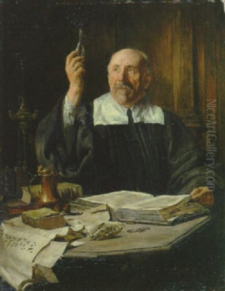 Der Alchemist Sitzt In Der Studierstube Am Tisch Und Pruft Den Inhalt Einer Phiole Oil Painting by Alfred von Schroetter