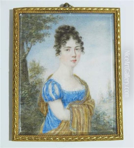 Miniatur. Bildnis Einer Jungen Dame Im Blauen Kleid Und Nussbrauner Stola Vor Landschaftshintergrund Oil Painting by Bernhard Edler von Schroetter