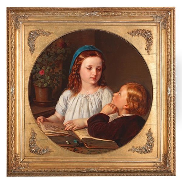 Siblings Oil Painting by Franz Schrotzberg