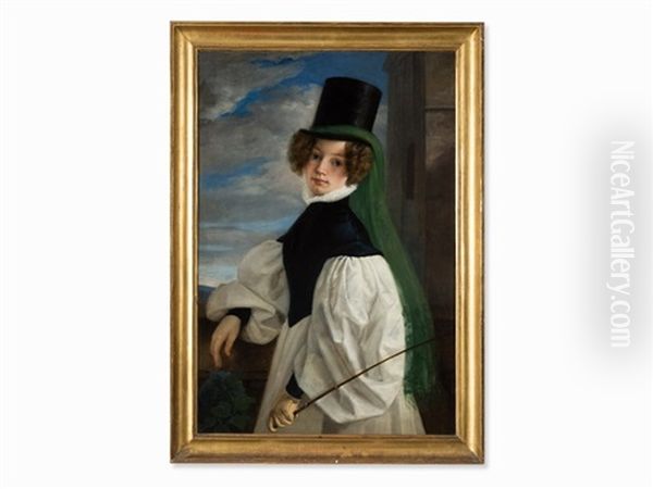 Lady In Riding Costumes Oil Painting by Franz Schrotzberg