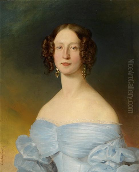 Portrait Einer Jungen Dame In Blauem Kleid Oil Painting by Franz Schrotzberg