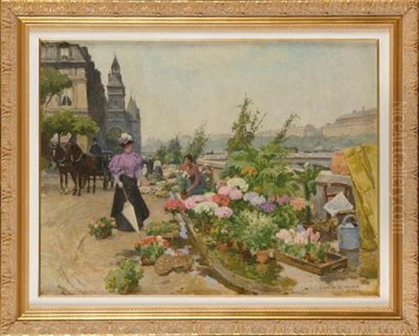 Le Marche Aux Fleurs, Quai De La Corse Oil Painting by Louis Marie de Schryver