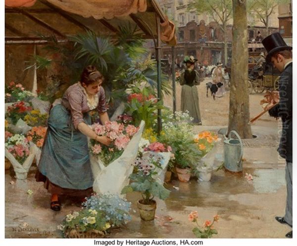 Le Marche Aux Fleurs De La Madeleine Oil Painting by Louis Marie de Schryver