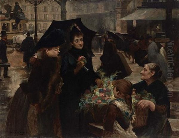 Parisien Flower Vendor Oil Painting by Louis Marie de Schryver