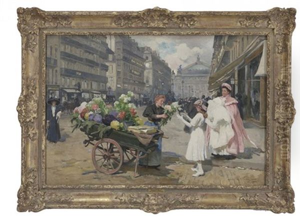 La Marchande De Fleurs, Avenue De L'opera Oil Painting by Louis Marie de Schryver