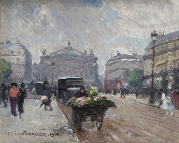 Strasenszene Mit Blumenhandlerwagen An Der Pariser Oper Oil Painting by Louis Marie de Schryver