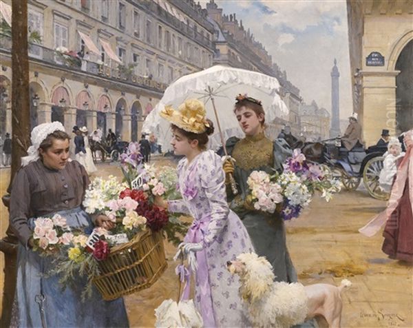 La Marchande De Fleurs - Rue De Rivoli Oil Painting by Louis Marie de Schryver