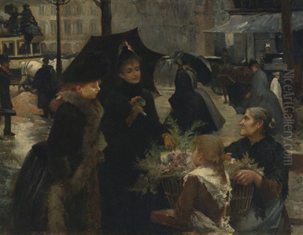 Rainy Day, Flower Seller Oil Painting by Louis Marie de Schryver