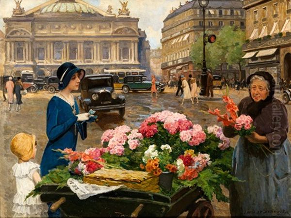 Blumenverkauferin In Paris Vor Der Poper Oil Painting by Louis Marie de Schryver