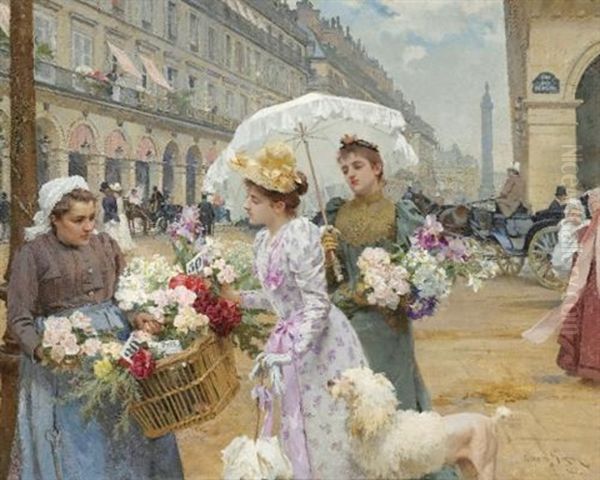 La Marchande De Fleurs, Rue De Rivoli Oil Painting by Louis Marie de Schryver