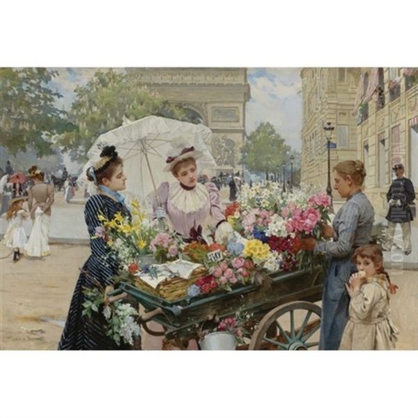 The Flower Seller On The Champs Elysees Oil Painting by Louis Marie de Schryver