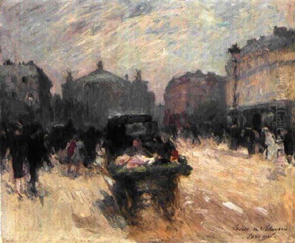 Strasenszene In Paris Mit Blumenhandlerwagen Und Passanten, Im Hintergrund Die Oper Oil Painting by Louis Marie de Schryver