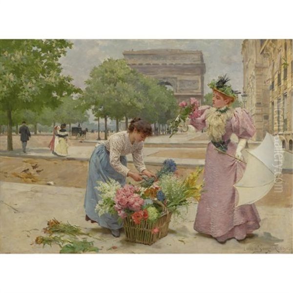 A Flower Seller On The Champs-elysees Oil Painting by Louis Marie de Schryver