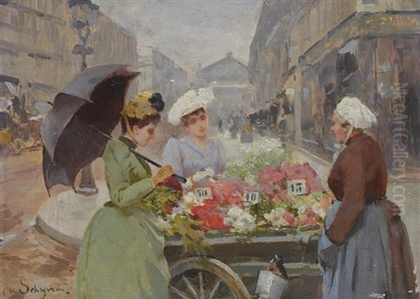 The Flower Market At The Madeleine Oil Painting by Louis Marie de Schryver