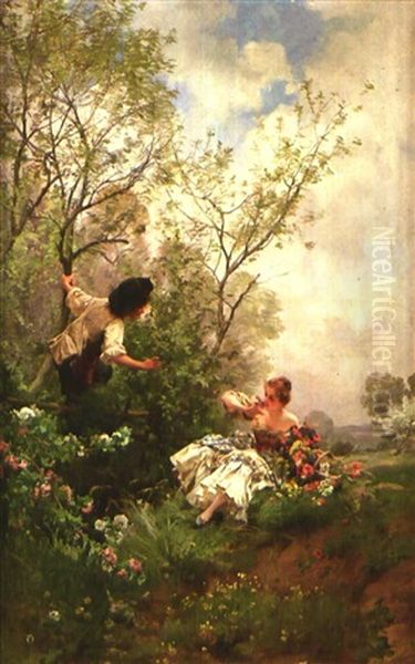 Junges Paar Im Freien Auf Einer Blumenwiese Oil Painting by Louis Marie de Schryver